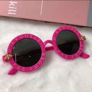 Dark pink small round Gold Bees fashion sunglasses